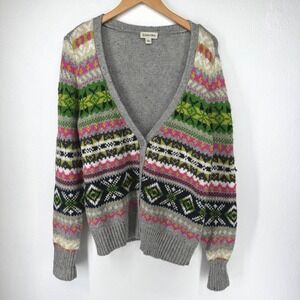 St Johns Bay Fair Isle Geometric Button Cardigan Sweater Women L Cabin Knit Cozy